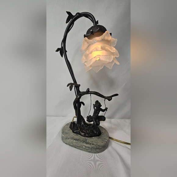 Andrea By Sadek Other - Andrea By Sadek Fairy On Swing Bronze Lamp Glass Flower Shade Marble Stand